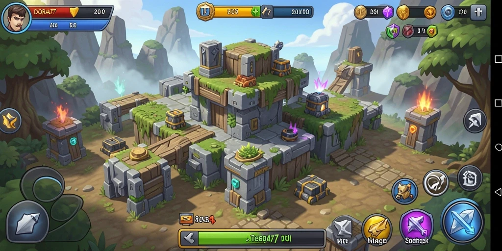 Screenshot gameplay DORA77 menampilkan menara pertahanan yang sedang beraksi.