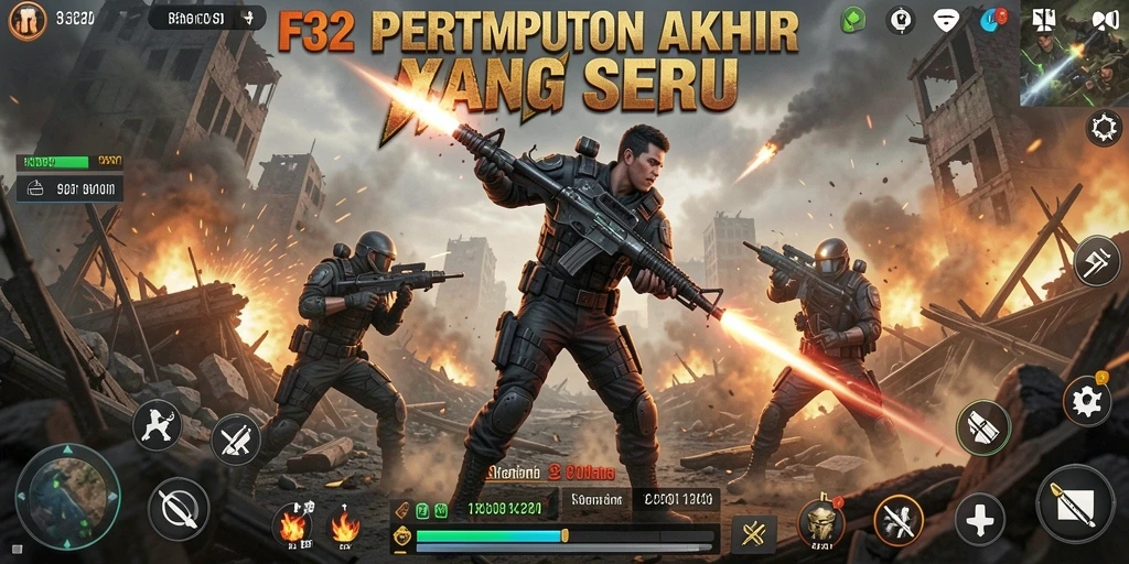 Screenshot utama F32 menampilkan aksi seru dalam pertempuran Battle Royale.