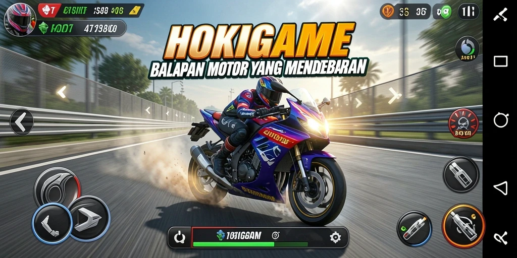 Tampilan gameplay seru di HOKIGAME dengan balapan motor yang mendebarkan.