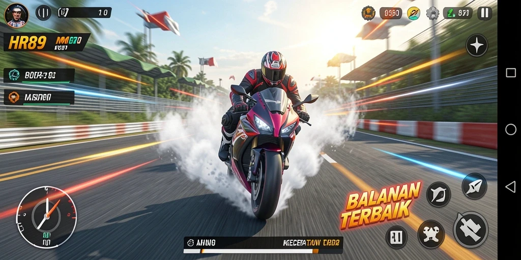 Tampilan gameplay HR89 menampilkan aksi balap seru di lintasan.