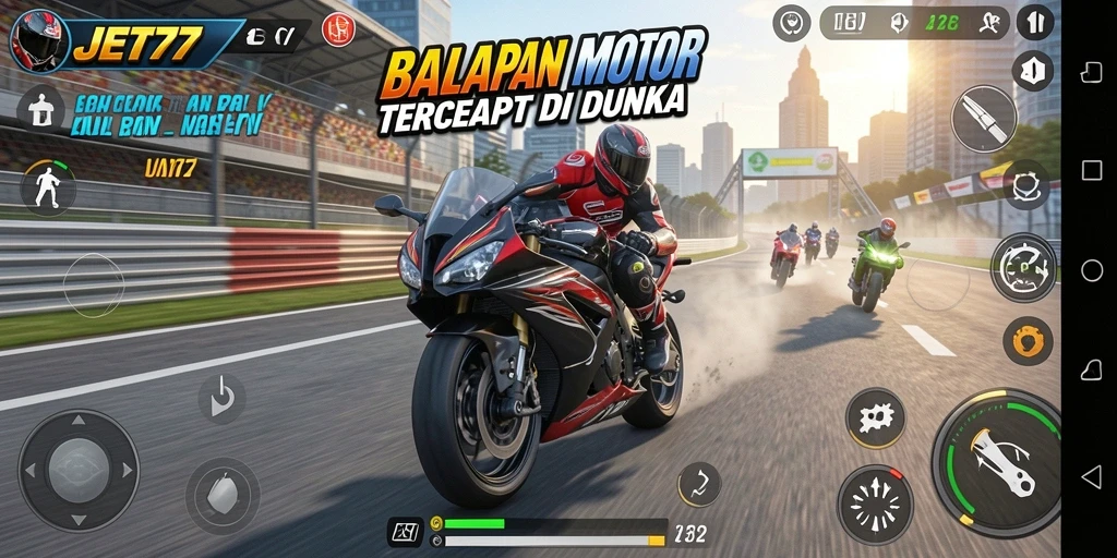 Tampilan gameplay balapan motor yang seru dan menegangkan.