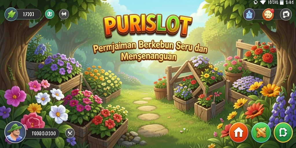 Screenshot gameplay <strong>PURISLOT</strong> menampilkan suasana ladang yang indah dan aktivitas bertani.
