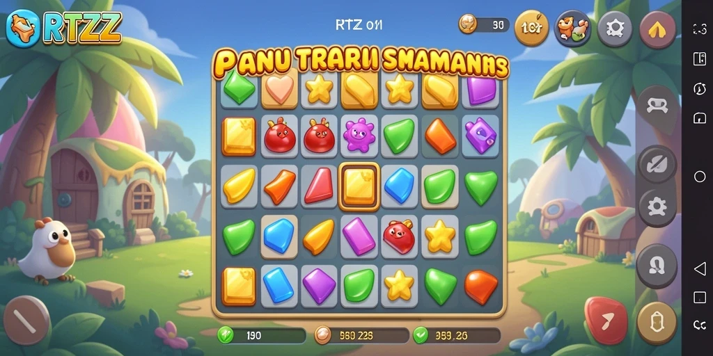 Screenshot gameplay RTZZ dengan kombinasi permata berwarna-warni.