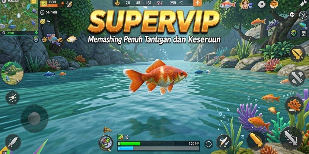 Screenshot gameplay SUPERVIP menampilkan momen seru saat menangkap ikan.